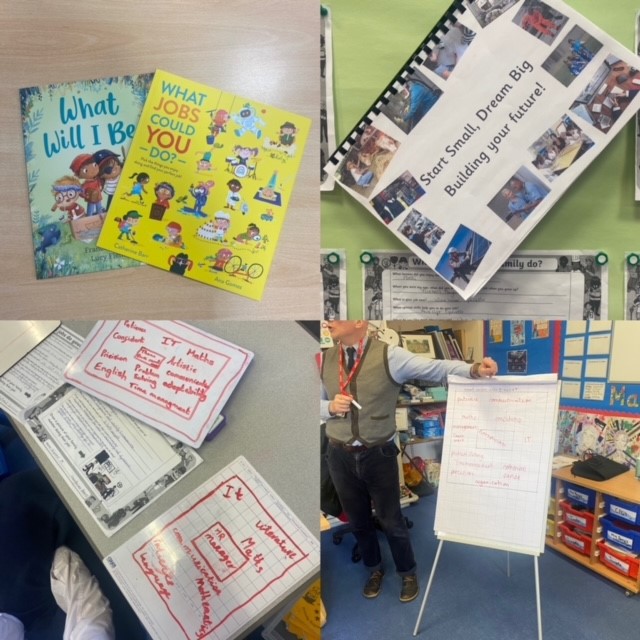 Photos of a career talk in class and books related to careers 