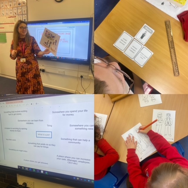 Photos of children engaging in a careers talk and activity sheets