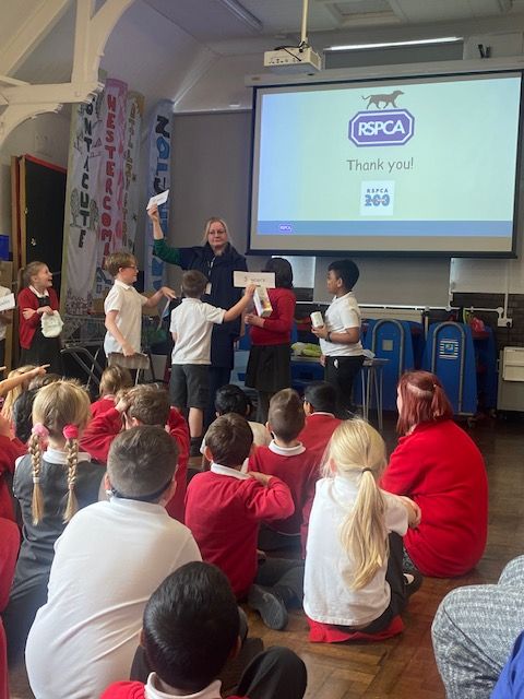Photo of the RSPCA delivering an assembly to KS2 children