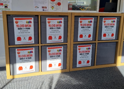 Photo of the pre-loved uniform boxes available in the school office.