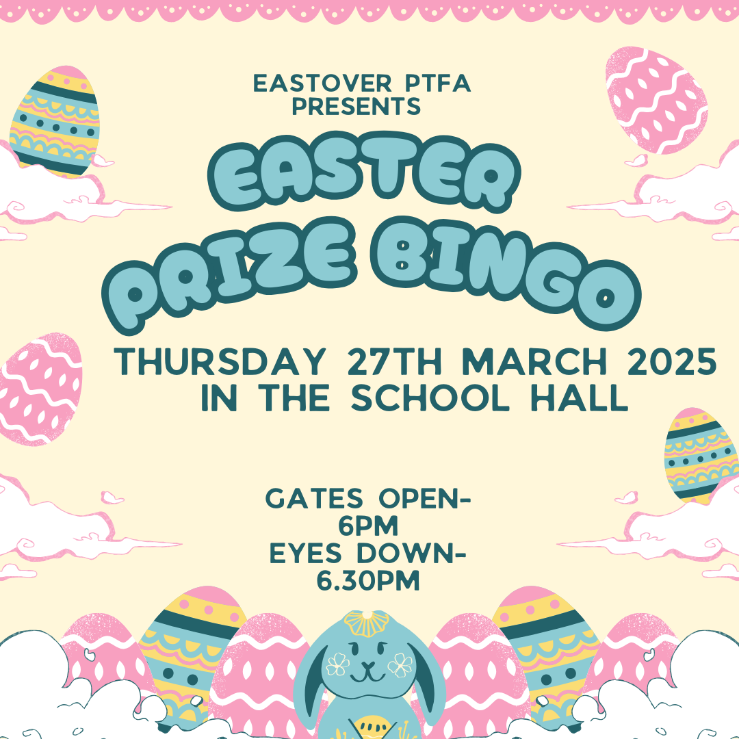 Poster advertising Easter Bingo night on Thursday 27th March in the School hall, gates open 6pm, eyes down 6:30pm