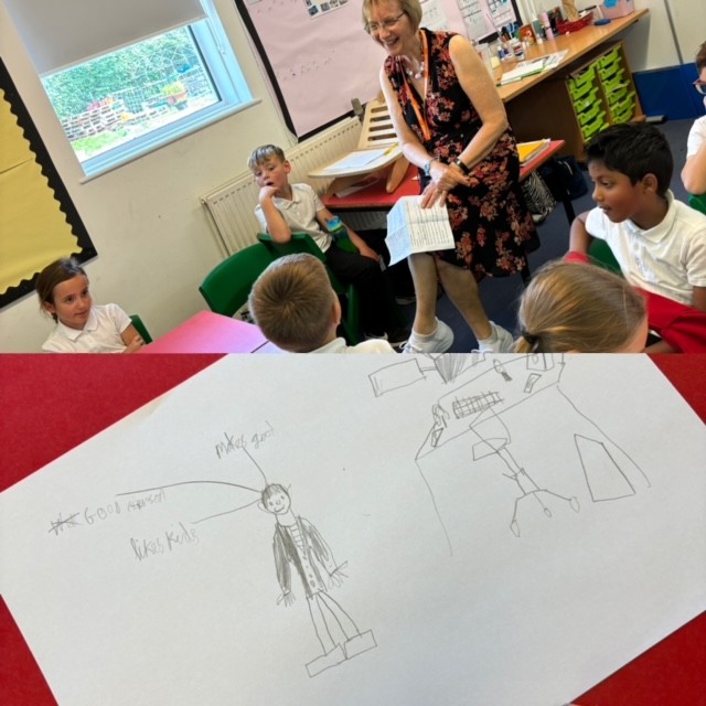 Photo of children listening to a talk from a head teacher and a photo of a drawing a child has done of a headteacher 