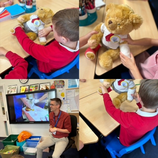 Photos of children playing with the teddy bear