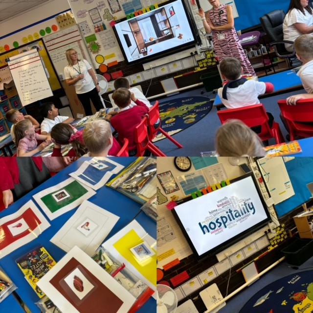 Photos of the year 4 class receiving a talk from Ibis Hotel 