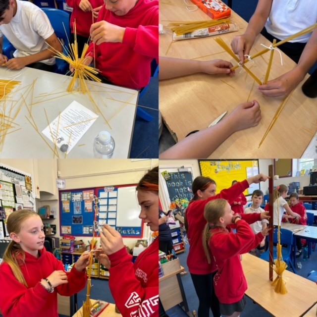Photos of the children building their spaghetti bridges 