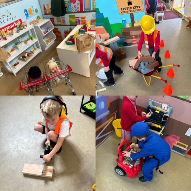 Photos of the children using the role playing equipment to dress up as different careers