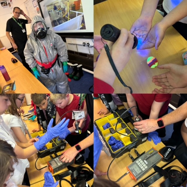 Photos of children testing equipment in class